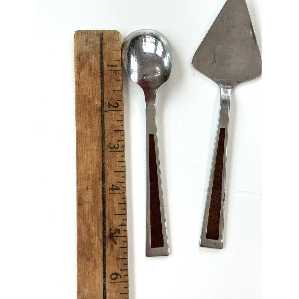 5 Vtg MCM Stanley Roberts flatware provincial‎ walnut Serving Utensil Wood Inlay